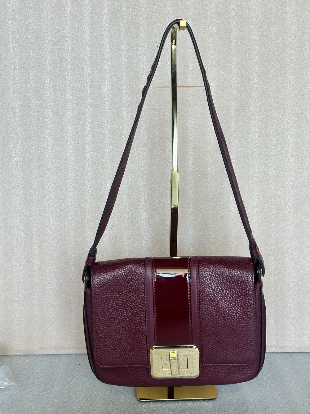 Michael Kors Lila Large Shoulder Flap Bag Burgundy Pebbled Leather Patent Stripe